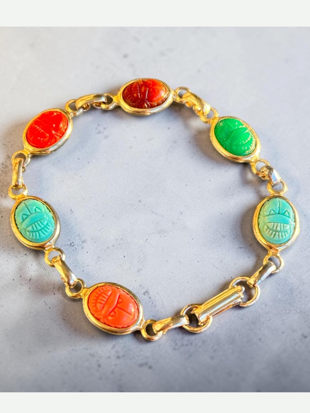 Vintage Egyptian Revival Gold-Tone Multicolor Lucite Scarab Link Bracelet